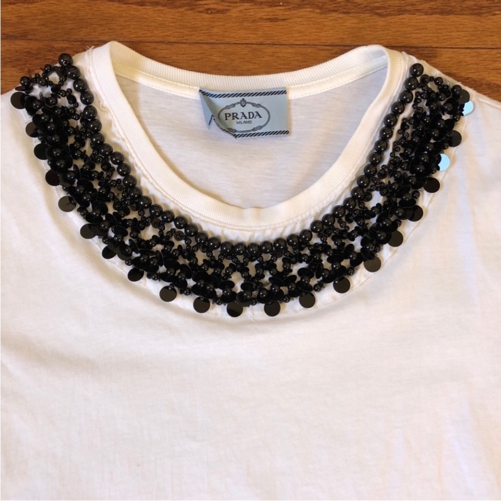 Prada Cream/White Tee with Black Beaded Collar - Picture 2 of 9